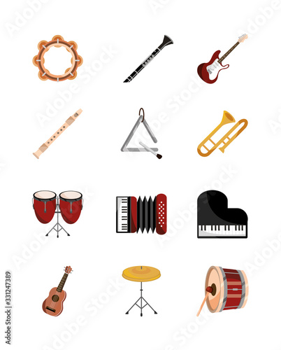 musical instruments string wind percussion icon set isolated icon