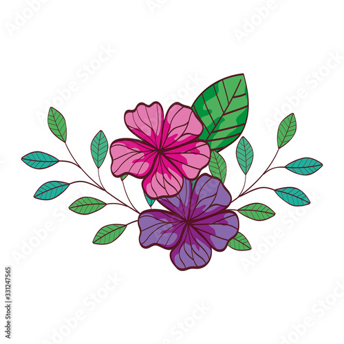 cute flowers with branches and leafs vector illustration design