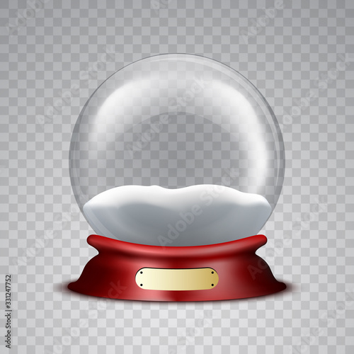 Christmas snow globe with red stand on transparent background. Vector illustration.