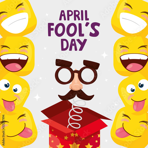 april fool day with emoticones and icons vector illustration design