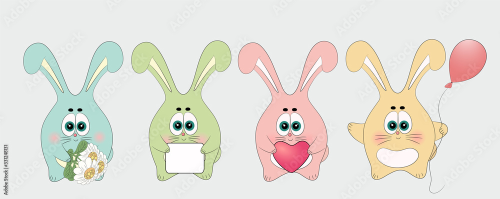 Bunny set. Rabbits collection. Easter color rabbits. Funny cartoon animal. Bunny set. Rabbits collection. Easter color rabbits. Funny cartoon animal.