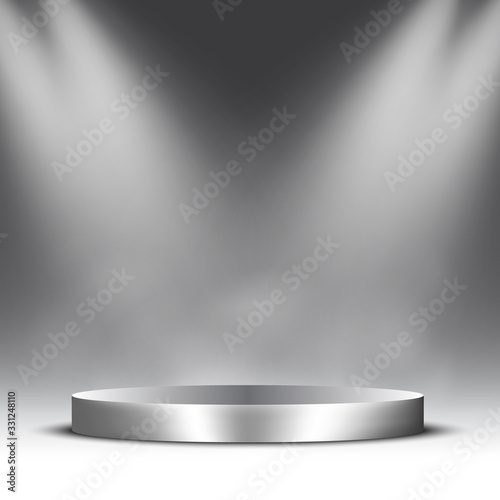 Empty silver podium with spotlights and steam. Pedestal. Vector illustration.