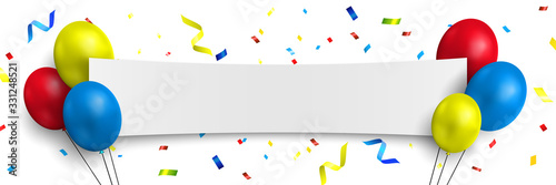 White congratulations banner with colorful balloons and confetti. Vector illustration.