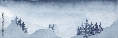illustration Watercolor gloomy blue dark sunset with mountains and forest, Christmas trees. rectangular banner landscape, twilight, night. For design, banners, backgrounds, print.