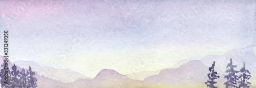 illustration Watercolor tender purple sunset with mountains and forest, Christmas trees. rectangular banner landscape, morning, dawn. For design, banners, backgrounds, print.
