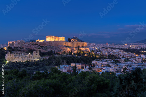 Athens skyline. The Acropolis of Athens at night and Athens skyline, Greece