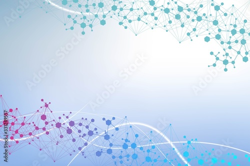 Structure molecule and communication. Dna, atom, neurons. Scientific concept for your design. Connected lines with dots. Medical, technology, chemistry, science background. Vector illustration.