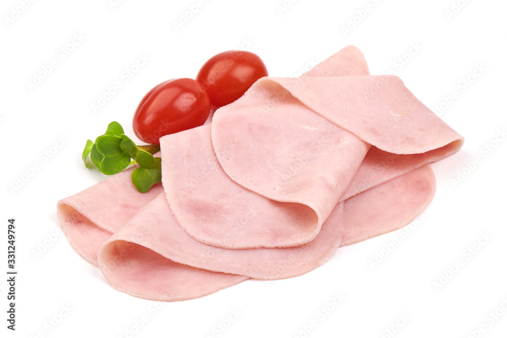 Sliced boiled ham, isolated on white background Sliced boiled ham, isolated on white background