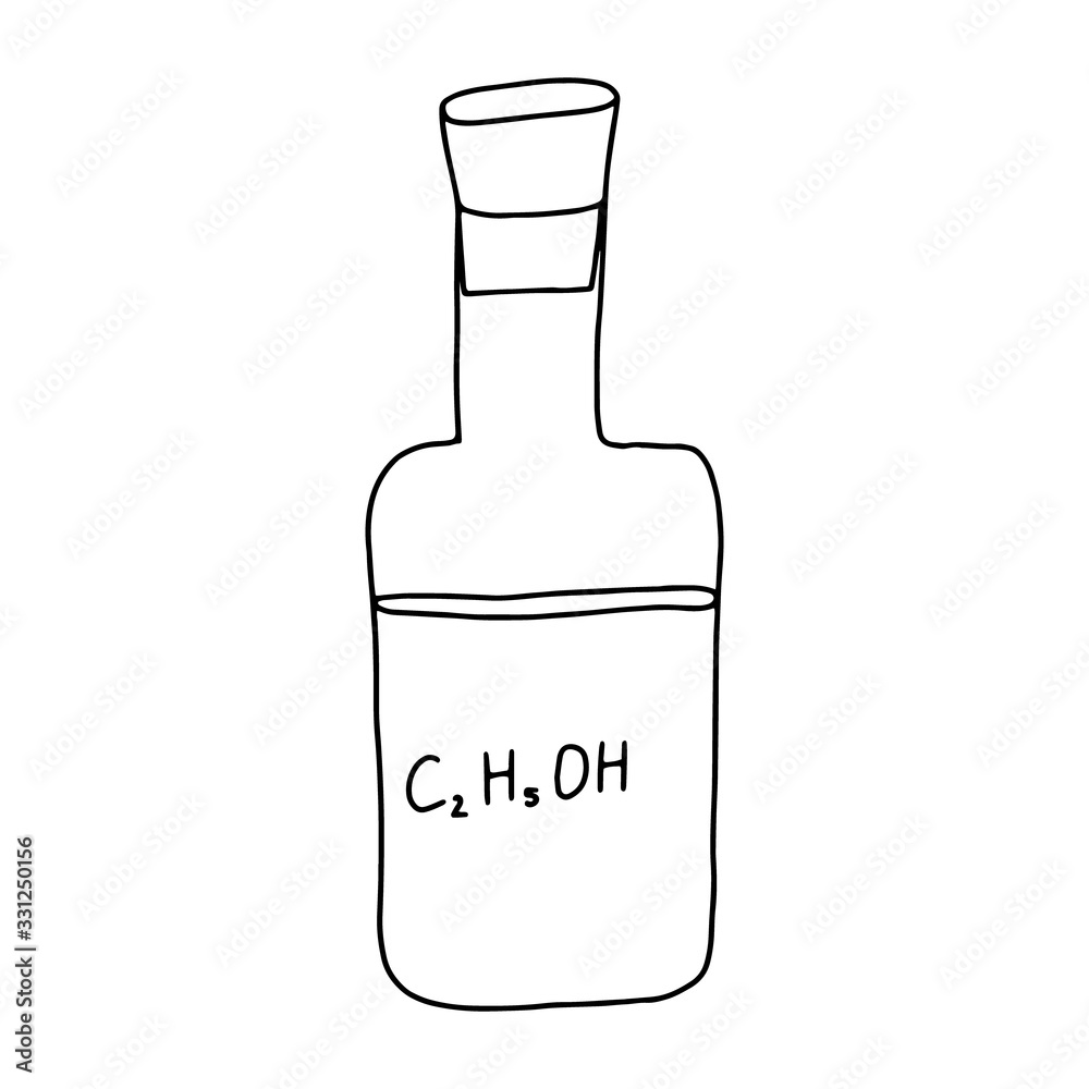 A bottle with a cork with an alcohol formula drawn in the Doodle style .Black and white image isolated on a white background.Antiseptic for viruses and bacteria.Alcohol.Vector illustration. A bottle with a cork with an alcohol formula drawn in the Doodle style .Black and white image isolated on a white background.Antiseptic for viruses and bacteria.Alcohol.Vector illustration.