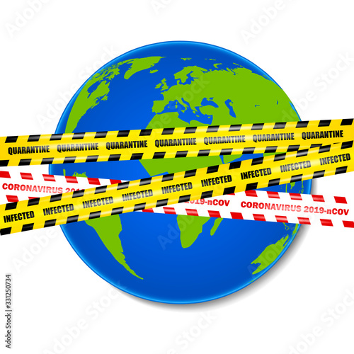 Coronavirus 2019-nCOV, seamless yellow and red security tapes on the background of planet Earth, vector illustration