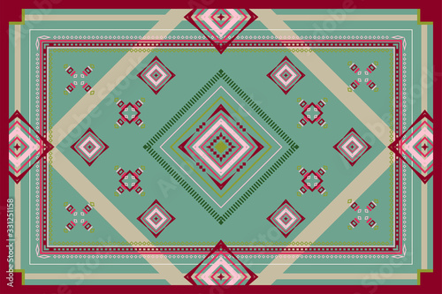 Geometric vector ornament of red, green, beige and cream lines and shapes. Rectangular pattern for carpet, bedspreads, plaid, blankets, shawl and scarf.