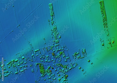 DEM - digital elevation model. Product made after proccesing pictures taken from a drone. It shows village with houses photo