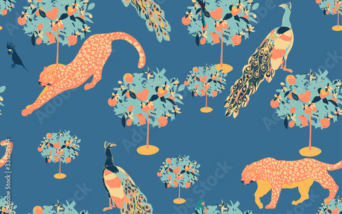 A garden with orange trees in bloom in which tame leopards, peacocks and cockatoo parrots walk on a white background. Seamless pattern with tropical animals and plants.