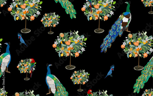 A garden with orange trees in bloom in which tame leopards, peacocks and cockatoo parrots walk on a white background. Seamless pattern with tropical animals and plants.
