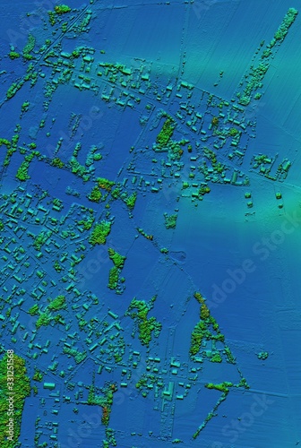 DEM - digital elevation model. Product made after proccesing pictures taken from a drone. It shows village with houses