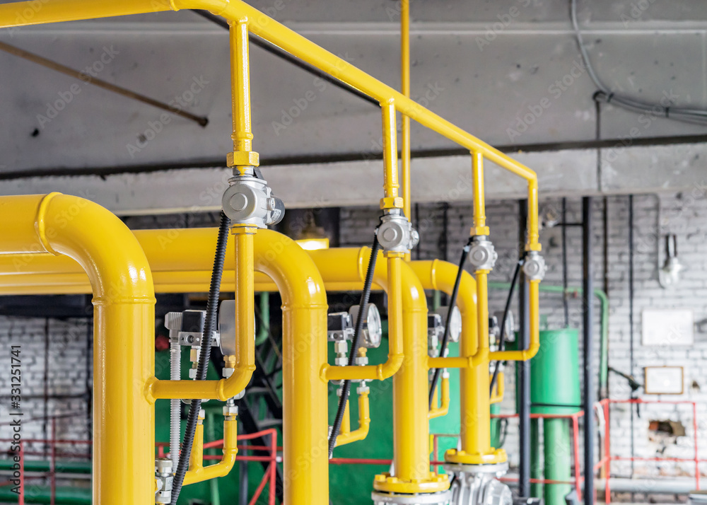 Gas boiler room equipment. Gas pipeline with safety gas valve. Gas boiler room equipment. Gas pipeline with safety gas valve.