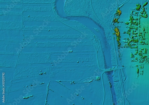 DEM - digital elevation model. Product made after proccesing pictures taken from a drone. It shows meandring river with small urban area next to it photo