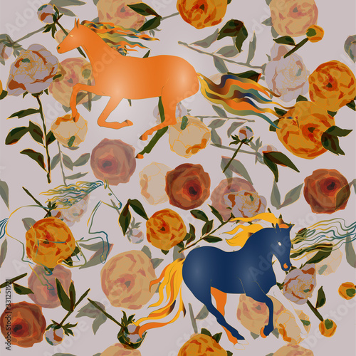 Horses and leaves, stems and inflorescences of peonies and roses vector illustration. Picture with pink, blue and white flowers on black background. Endless pattern.