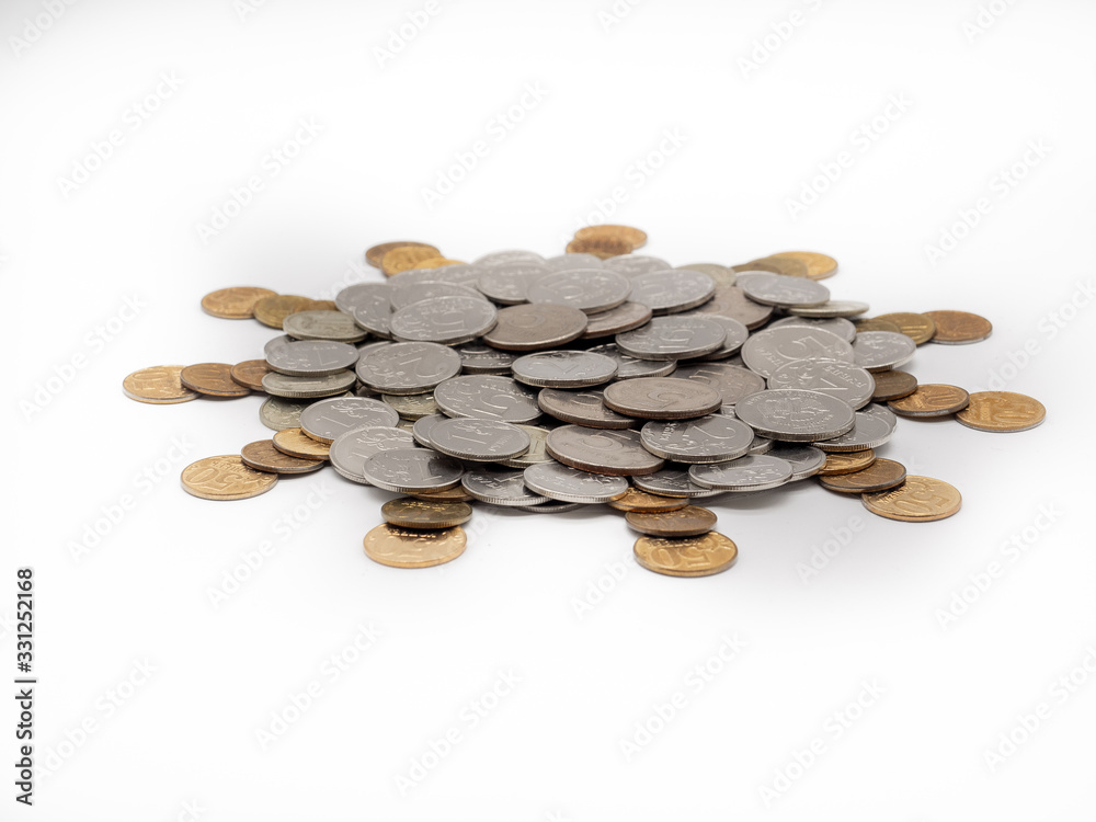 Symbol of coronavirus made from coins. Business or healthcare concept with russian rubles isolated on white background. Perspective view, selected focus. Symbol of coronavirus made from coins. Business or healthcare concept with russian rubles isolated on white background. Perspective view, selected focus.