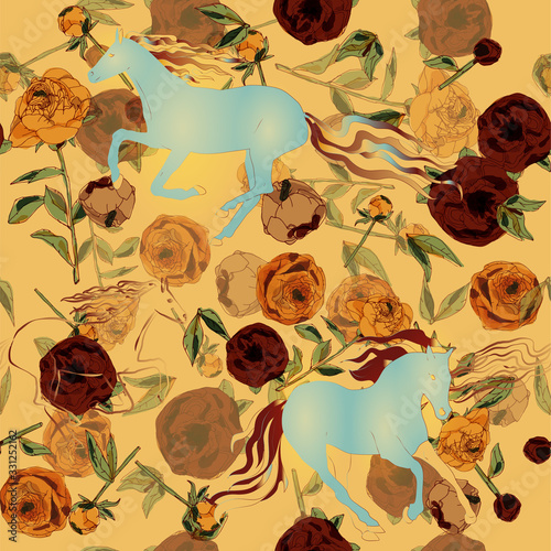Horses and leaves, stems and inflorescences of peonies and roses vector illustration. Picture with pink, blue and white flowers on black background. Endless pattern.