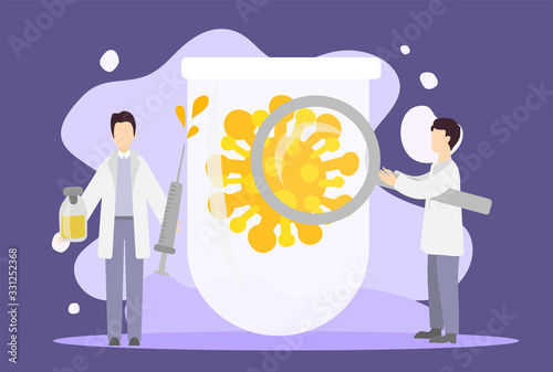 Flat hand drawn illustration. Pandemic, a new coronavirus. Coronovirus victory, vaccination, medical research. Illustration for news, articles, website, social networks.