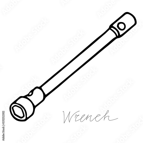 Hand-draw black vector illustration of metallic locksmith tool isolated on a white background with lettering wrench