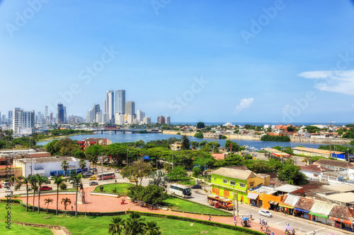 Colombia, scenic view of Cartagena cityscape, modern skyline, hotels and ocean bays Bocagrande and Bocachica from the lookout of Saint Philippe Castle photo