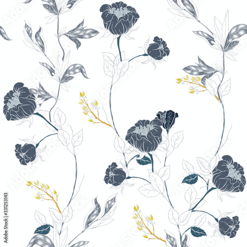 Delicate pink twigs of wild roses with inflorescences, leaves and petals on a dark blue background. Floral seamless pattern.