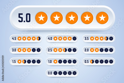 Set of rating labels with stars. 3d rating buttons from 0 to 5 stars. Vector illustration for review and testing.
