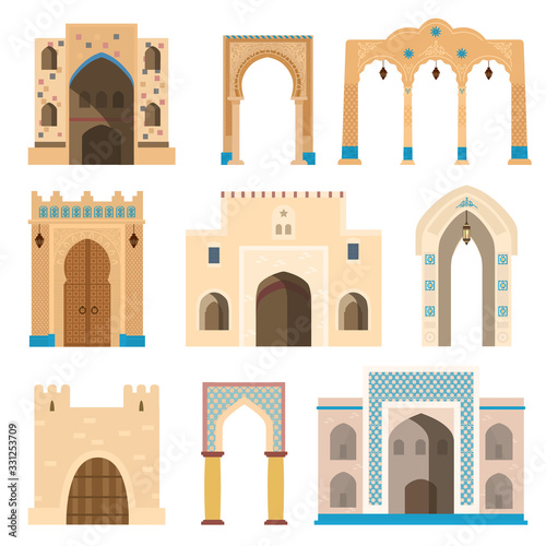 Islamic gates and archs decorated with mosaics, lanterns, columns. Ancient architecture elements. Flat vector illustration isolated on white.