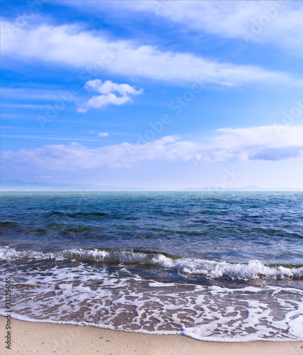 Sea beach blue sky sand sun daylight relaxation landscape viewpoint for design postcard and calendar in Crete  Greece 