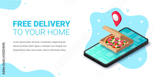 Free fast food delivery to your home service isometric banner. 3d pizza in box, map pointer, city map on smartphone screen online concept. Vector illustration for web site, advert, mobile app