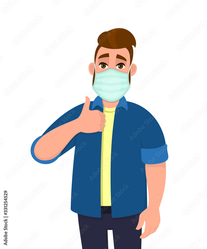 Hipster young man covering face with medical mask and showing thumbs up symbol. Person wearing hygienic facial protection and gesturing success sign. Male character cartoon illustration in vector. Hipster young man covering face with medical mask and showing thumbs up symbol. Person wearing hygienic facial protection and gesturing success sign. Male character cartoon illustration in vector.
