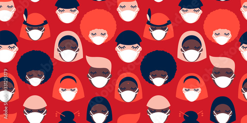 Coronavirus pandemic. Covid-19. seamless pattern with people of different nationalities in white medical face masks on dark red background