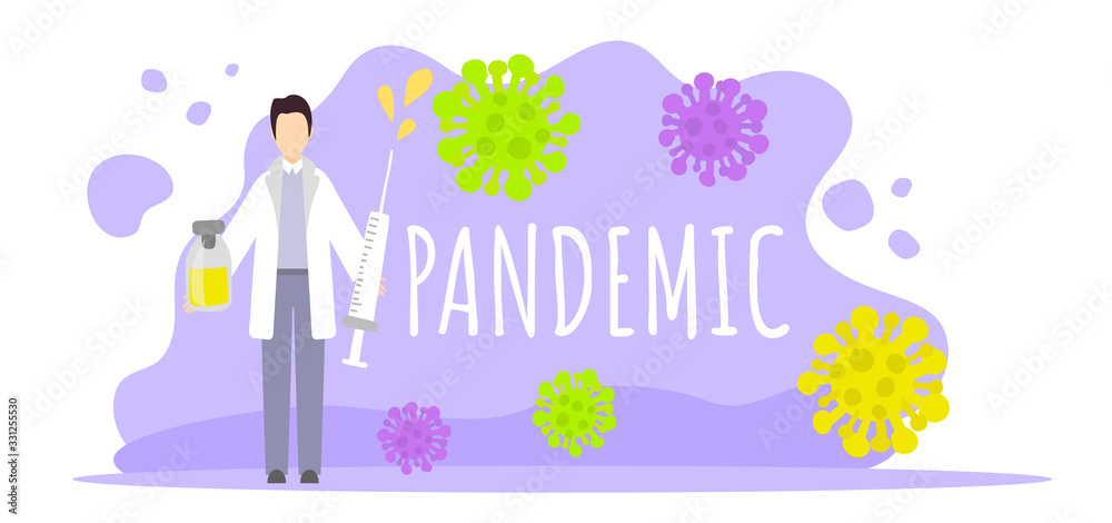 Flat hand drawn illustration. Pandemic, a new corona virus. Doctor create a vaccine. Coronovirus victory, vaccination, medical research.Illustration for news, articles, website, social networks.