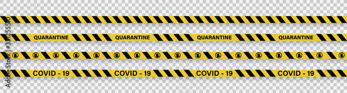 Strips of quarantine. Warning coronavirus quarantine yellow and black stripes. Isolated on transparent background. Vector