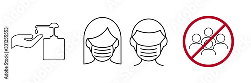 Icon images wearing a mask, washing your hands and avoiding assembly. Coronavirus or Covid 19 protection concept.