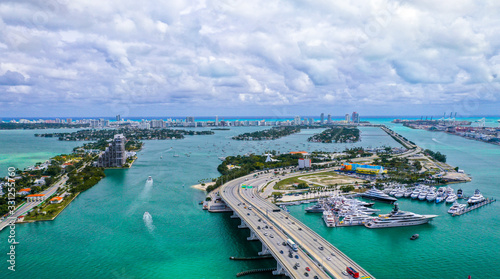 Aerial Photography of Luxury Boats and Miami Beach in the Background