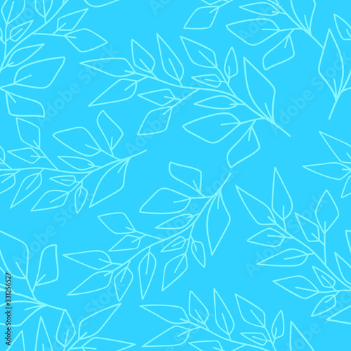 White doodle branches with leaves on bright blue background. Seamless floral season pattern.