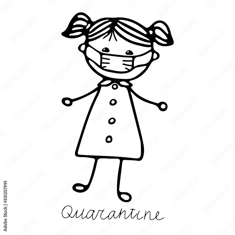 Beautiful hand-drawn vector illustration of a girl in a medical mask isolated on a white background with lettering Quarantine for coloring book Beautiful hand-drawn vector illustration of a girl in a medical mask isolated on a white background with lettering Quarantine for coloring book