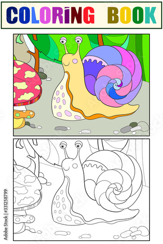 Snail in the grass. Children coloring book and drawing coloring book, example. Vector