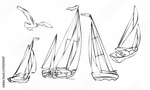 Set of four black silhouette sailboats, set of sailboat icons