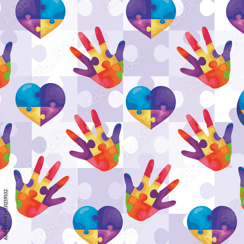 background hearts with hands of puzzle pieces icon vector illustration design