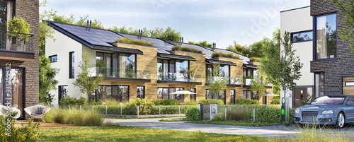 Beautiful modern houses with solar panels © slavun