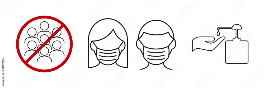 Icon images wearing a mask, washing your hands and avoiding assembly. Coronavirus or Covid 19 protection concept. - obrazy, fototapety, plakaty 