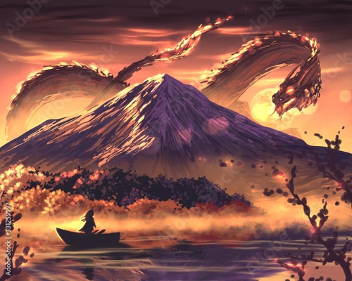 Huge fantastic dragon digital illustration 