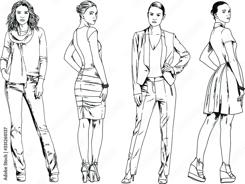 vector drawings on the theme of beautiful slim sporty girl in casual clothes in various poses painted ink hand sketch with no background