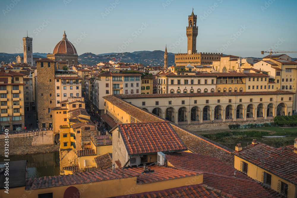 Cityscape on Ponte Vecchio, the Vasari corridor, Cathedral of Santa Maria del Fiore (Duomo), Palazzo Vecchio town hall and Arno River