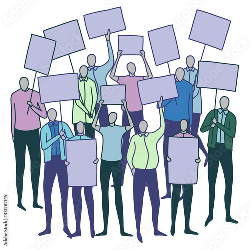 Drawing of faceless crowd with blank signs and posters. Rally people, protest, advertising, fans concept. Hand drawn vector illustration in minimalistic flat style. Colorful elements isolated in white