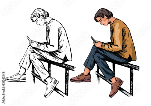 A man sits on the railing and looks at the phone. Hand drawn vector illustration. Set of contour and color drawing isolated on white. Vintage sketch elements for design, print, cards. Realistic style.